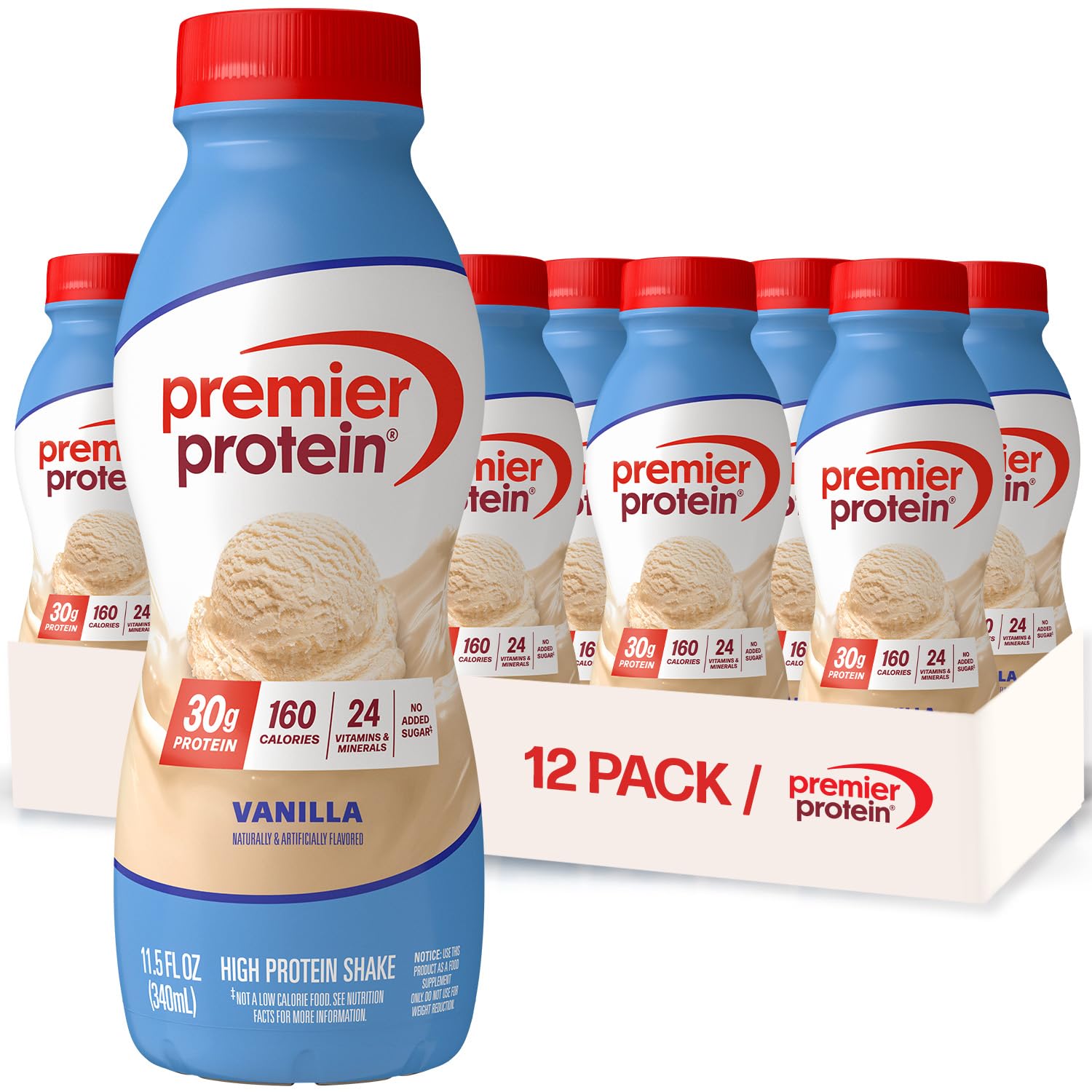 Premier Protein 30g High Protein Shake, Chocolate, 12 Pack Bottles, Vegetarian