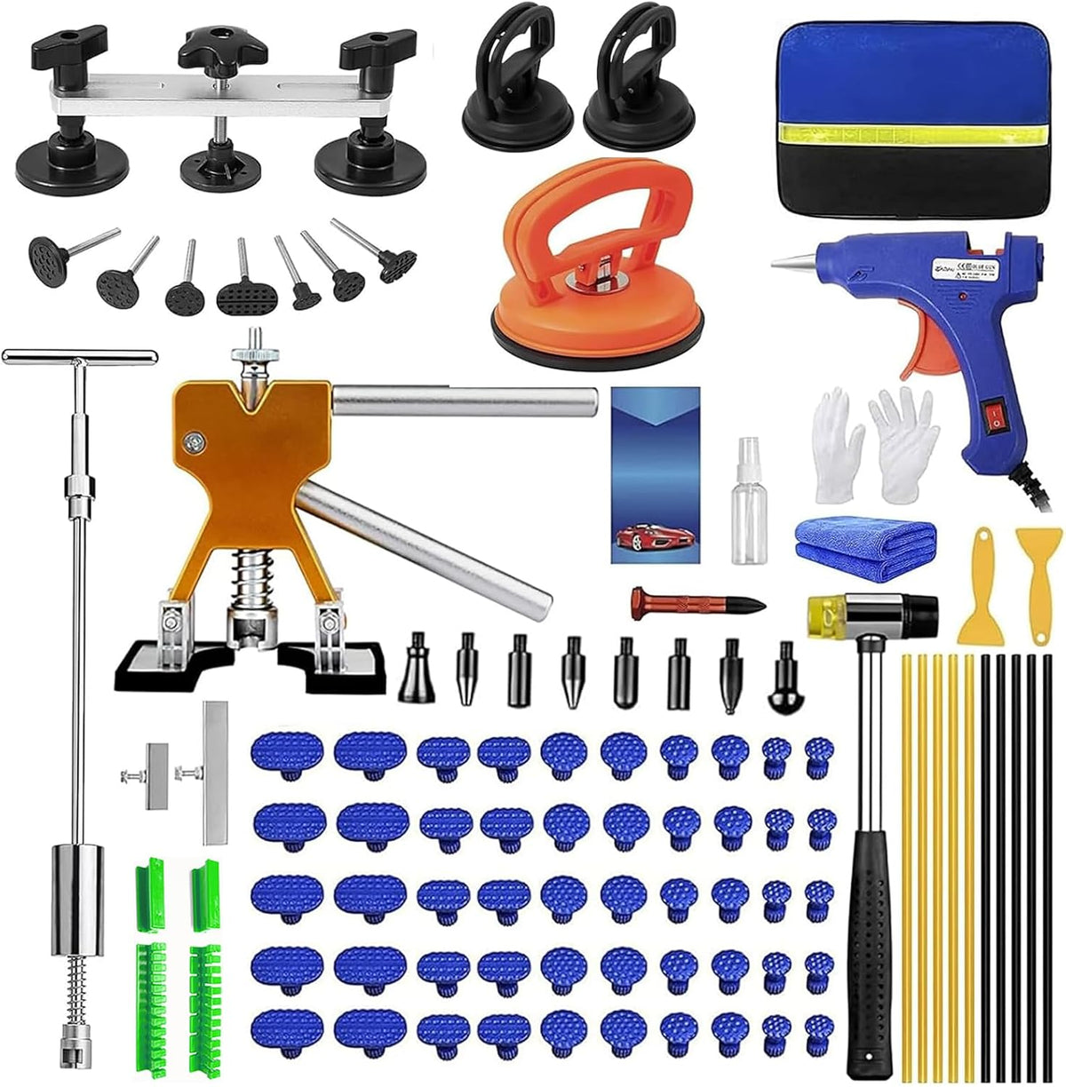 97pcs Dent Puller Kit, Car Dent Puller for Dent Removal, Paintless Dent Removal Kit with Golden Lifter, Bridge Puller, Slide Hammer T-Bar, Dent Remover Tool for Car Refrigerator Door Ding Repair