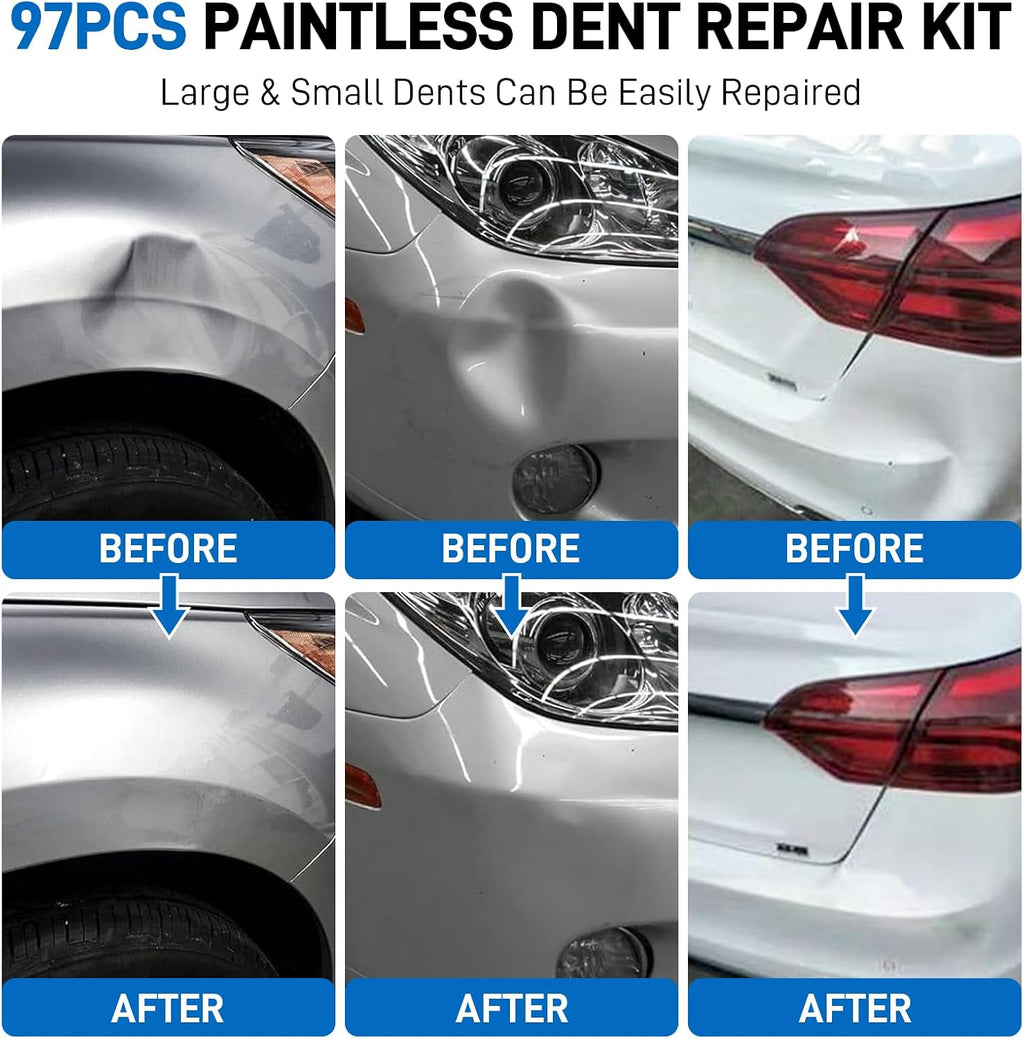 97pcs Dent Puller Kit, Car Dent Puller for Dent Removal, Paintless Dent Removal Kit with Golden Lifter, Bridge Puller, Slide Hammer T-Bar, Dent Remover Tool for Car Refrigerator Door Ding Repair