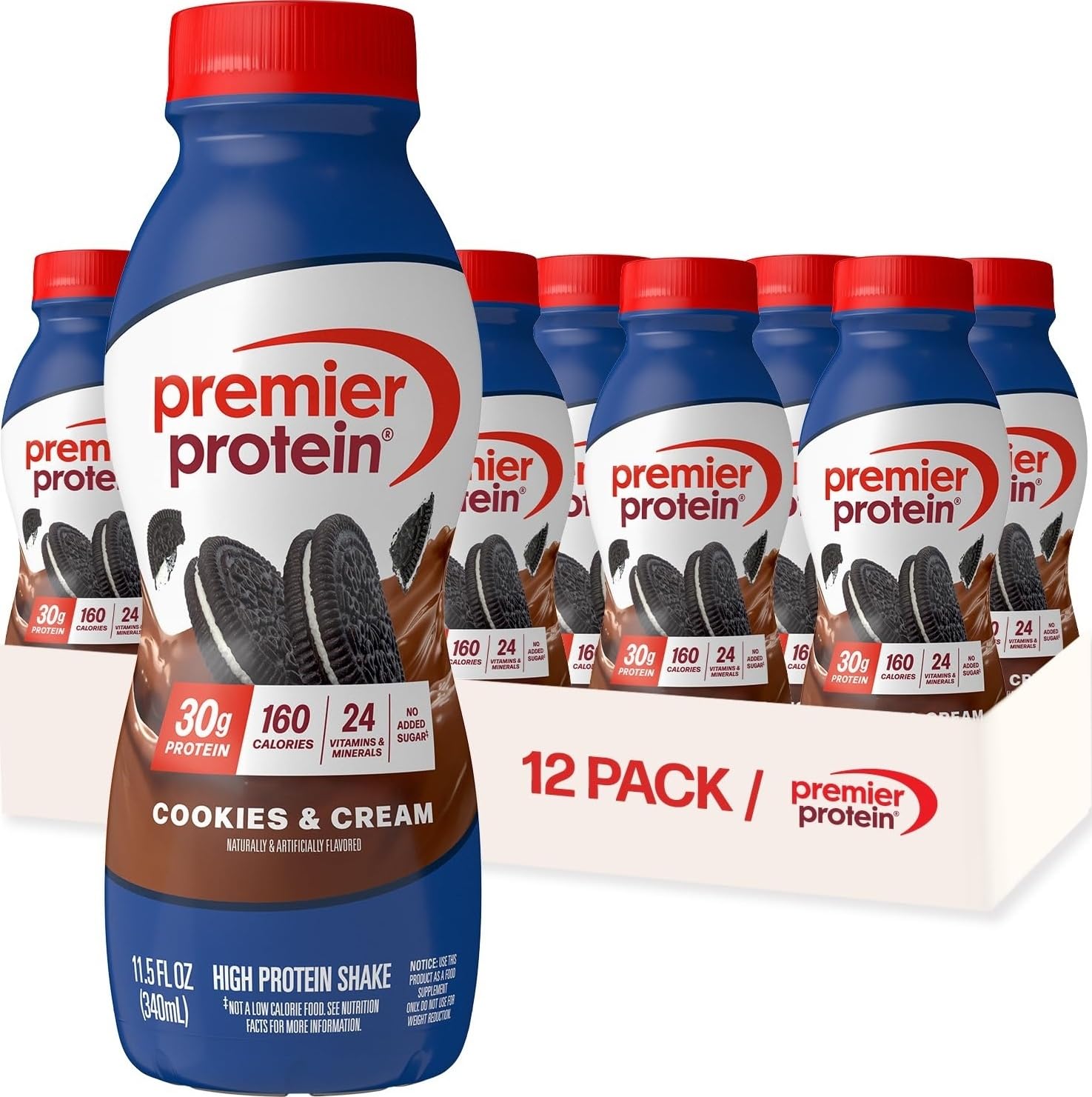 Premier Protein 30g High Protein Shake, Chocolate, 12 Pack Bottles, Vegetarian